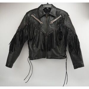 Vintage Chrome Gear Women's Black Leather Fringe Beaded Motorcycle Jacket Size 8
